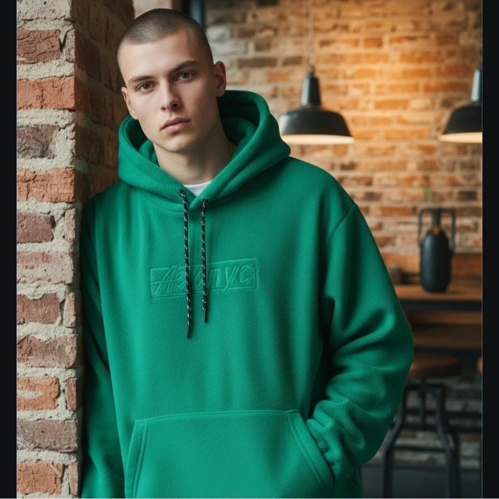 Aero NYC Fleece Box Logo Pullover Hoodie Drawstring Men's Size‎ Large - Picture 2 of 7